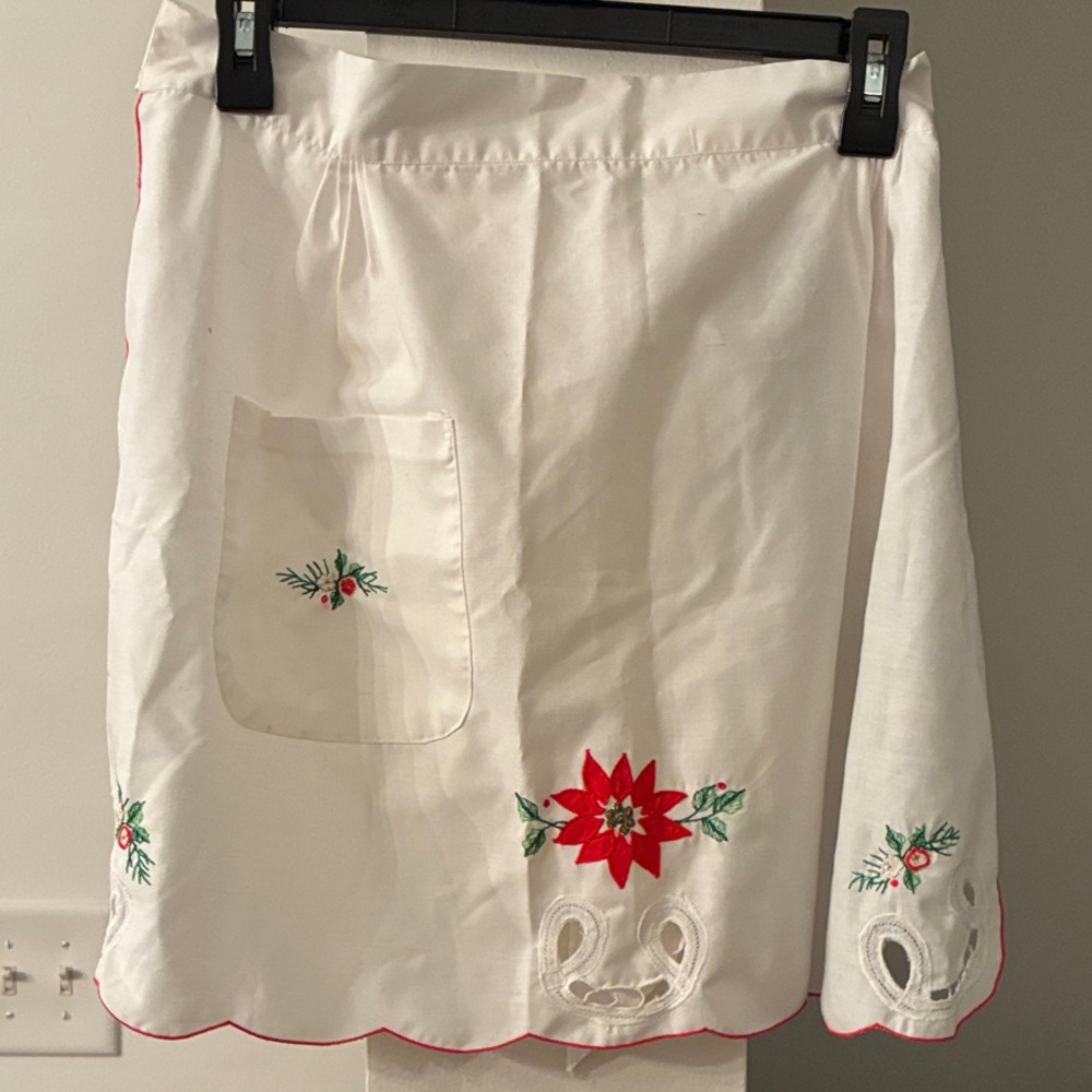 Embroidered White Apron with Red Floral‎ Accents